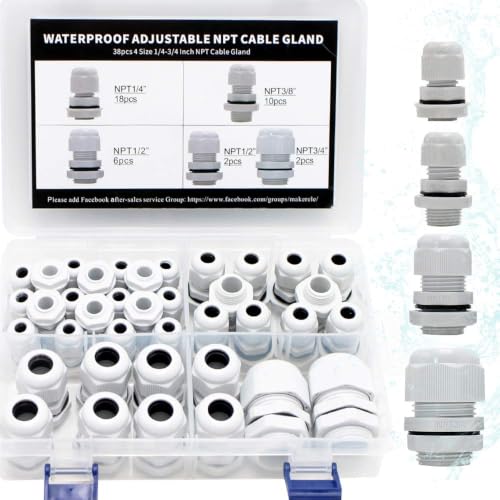 MAKERELE 38pcs NPT Cable Glands Kit Waterproof Strain Relief Connector - color: Grey, size: 38pcs KIT BOX