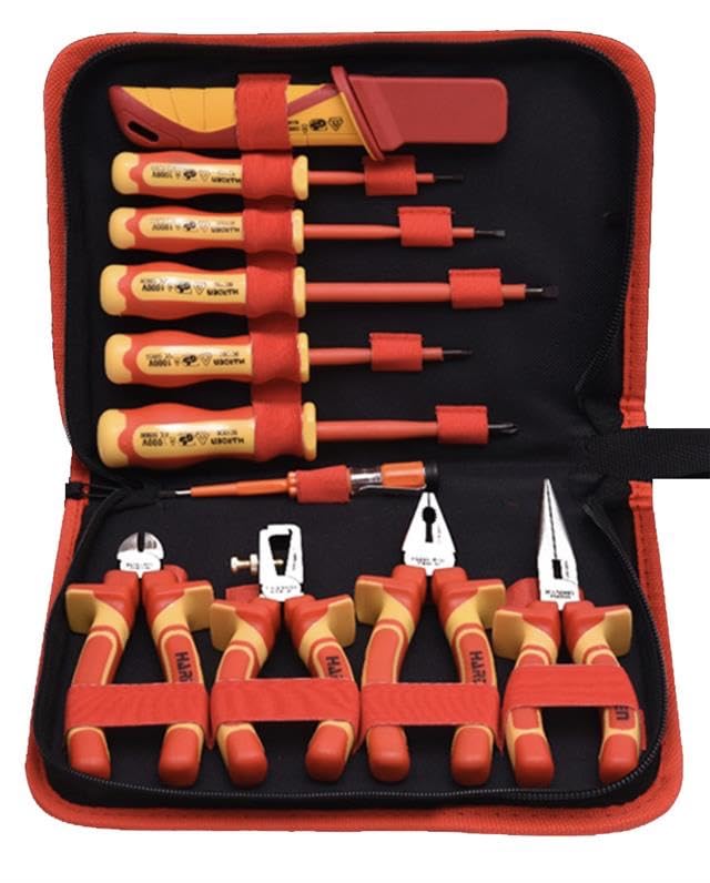 Edward Tools 11 Piece Insulated Tools Set - 1000 V Electrician Insulated Magnetic Phillips and Flathead Screwdrivers, Insulated Pliers, Cutters, Knife, Voltage Tester - Storage Case