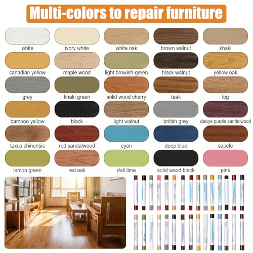 32Pcs Wood Filler Sticks, 30 Colos Wood Filler Putty Wax Crayons, Furniture Repair Kit, Putty Sticks for Baseboard Cabinets Furniture Floors (with 2 Scrapers)