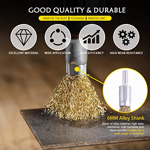 Keadic 9 Pieces Brass Wire Brushes Cup Wheels Brush Set with 1/4 Inch Shank, Polishing Attachment Die Grinder Rotary Tools Accessories for Cleaning Rust Corrosion