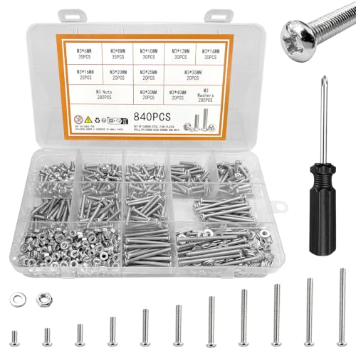840PCS M3 Screws Assortment Kit, Phillips Round Head M3 Machine Screws Nuts and Washers Set, Zinc Plated Metric Fasteners Assortment for 3D Printer, Furniture Repair and DIY Projects