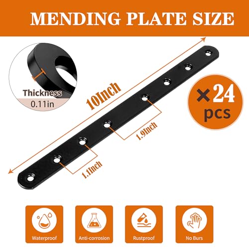 24Pack Straight Brackets Black Mending Plate 10In Metal Brackets for Brace - size: 12 Inch (24 Pack)