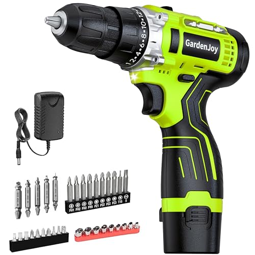 GardenJoy Cordless Power Drill Set: 12V Electric Drill with Battery and Charger, 42pcs Acessories, 3/8"Keyless Chuck, 2 Variable Speed, 24+1 Position, Compact Drill Driver Kit for Home & DIY Project - style: 12V - 2 Batteries - Green - Basic