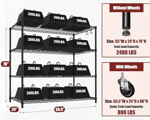 PrimeZone 55.5" Wx24 x80 Heavy Duty Metal Wire Storage Shelving with Wheels - size: 55.5"W x 24"D x 80"H