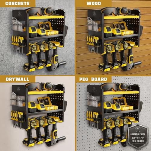 BUILTSTRONG Power Tool Organizer Wall Mount – 3-Tier Heavy-Duty Steel Rack, 4 Drill Slots, Pegboard + Utility Side, 100 lb Capacity – Garage, Workshop & Shed Storage (Yellow) - color: Yellow, size: 4 Drill Holder