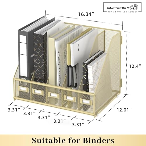 SUPEASY Desk Organizers Metal Desk Magazine File Holder with 5 Vertical Compartments Rack File Organizer for Office Desktop, Classroom, Home Workspace, Golden Yellow, Plus - color: Golden Yellow, size: Large