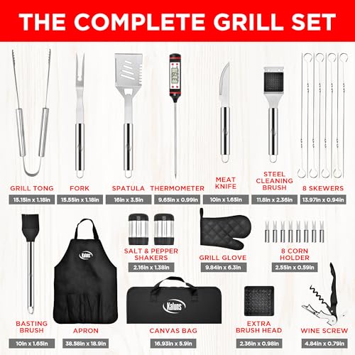 Kaluns Grilling Accessories, Dad Gifts for Christmas, Heavy Duty Stainless Steel Grill Set BBQ Grill Accessories for Outdoor Grill with Meat Thermometer, Case and Apron - size: 30 Pcs