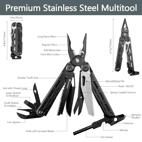 HX OUTDOORS 19 In 1 Pocket Multi Tool, Stainless Steel Multitools Pliers with Fire Starter and Glass Breaker, Folding EDC Camping Survival Tools for Men (Black) - color: Black