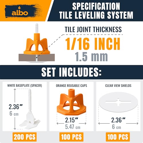 ALBO Tile Leveling System Set 1/16 inch - 400 PCS - Professional Floor & Wall Spacer Kit with Reusable Caps & Protection Plates - Anti-Lippage Installation Tools for Large and Small Tile Formats - style: Set 1/16 inch 400 PCS
