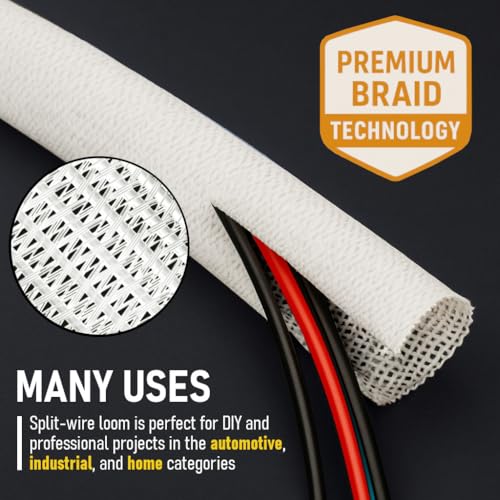 MGI SpeedWare Braided Split-Sleeve White Wire Loom for High-Temperature Automotive Harness and Home Cable Management 25 feet (1/2") - color: White, size: 1/2" - 25ft