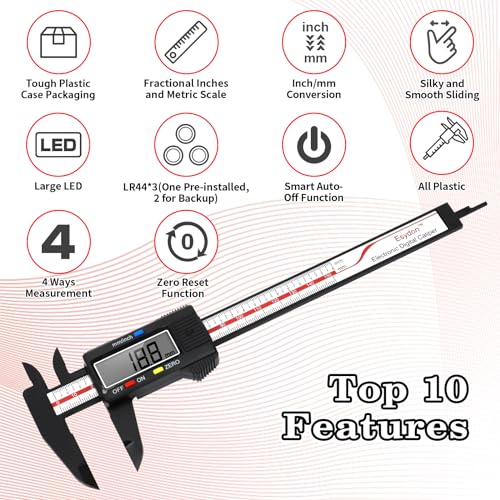 Digital Caliper, Esydon Upgraded Calipers 6 inch, Measuring Tool, Electronic Ruler, with Large LCD Screen, Auto-Off Feature, Inch and Millimeter Conversion, Plastic Case, Perfect for Household, DIY