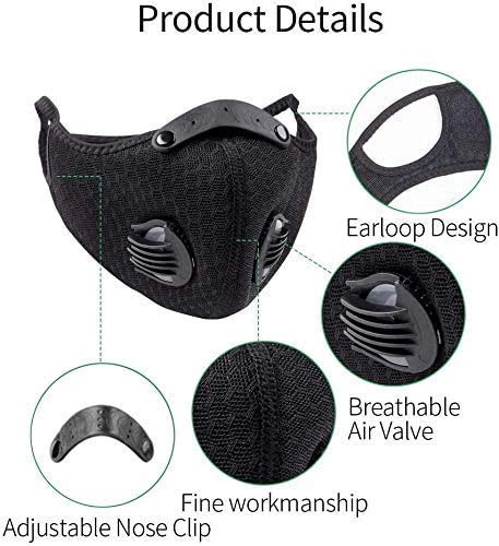 NBDIB 4 Pack Adjustable Reusable Face Protection with 8 Carbon Filters and 8 Valves for Cycling Sport Black