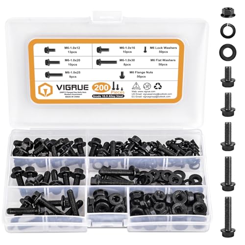 VIGRUE 200Pcs M6-1.0 x 12/16/20/25/30mm Flanged Hex Head Bolts Serrated Flange Nuts Washers Assorment, Black Metric Nut and Bolt Kit, Class 10.9 Alloy Steel - size: M6-1.0