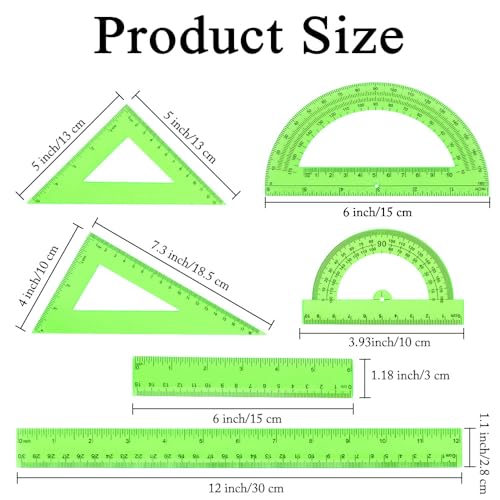 Plastic Clear Ruler Math Set, 6" | 12" Straight Ruler Protractor, 2 Protractors 180 Degree 2 Triangle Rulers 45 | 60 Degree 2 Straight Rulers Measuring Tool for School Office Home Supplie,Green - color: Green