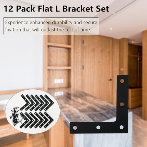 QSJ 12 Pcs L Flat Straight Brackets Corner Bracket Set 3.15'' Bracket Brace Mending Plate Stainless Steel for Wood - size: Black, 3.15x3.15''