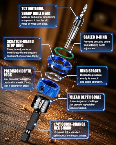 9PCS Countersink Drill Bit Set with Adjustable Depth Stopper - color: Blue, size: Standard - Manual Adjustment