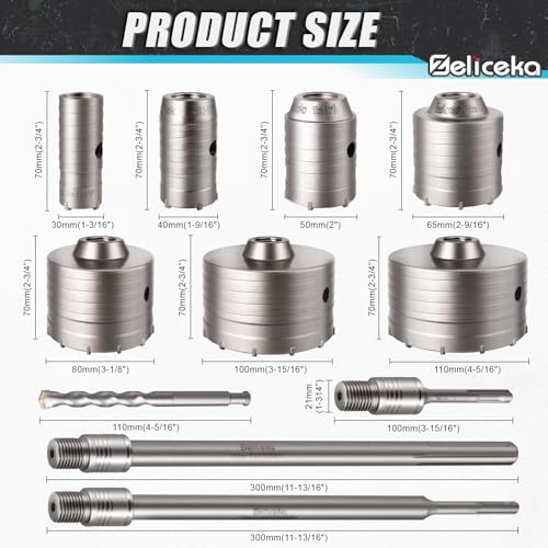 Concrete Hole Saw Kit with Upgraded SDS Plus & Max Shank, Kit Size 30 40 50 65 80 100 110 MM, Concrete Hole Saw Set for Concrete Brick Stone Cement Wall