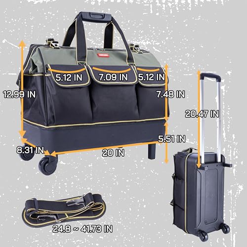 rolling tool bag with wheels for Electrician HVAC Tool Bag Organizer ，Hidden pull rod, plastic bottom, lightweight