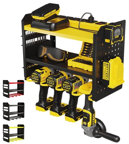 BUILTSTRONG Power Tool Organizer Wall Mount – 3-Tier Heavy-Duty Steel Rack, 4 Drill Slots, Pegboard + Utility Side, 100 lb Capacity – Garage, Workshop & Shed Storage (Yellow) - color: Yellow, size: 4 Drill Holder