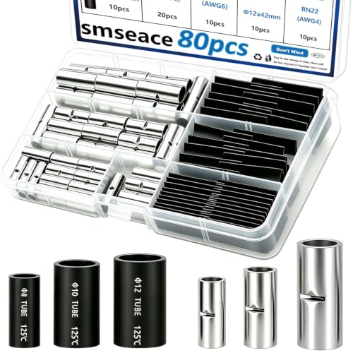 smseace 80pcs 4/6/8AWG Non Insulated Butt Connectors Kit with Heat shrinkable Tube for Wiring 4/6/8 Guage Pure Copper Butt Splice Connectors for Automotive, Marine and Industrial Applications - size: 4/6/8AWG