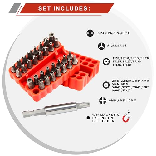 34pcs Security Bit Set 1/4 Inch Hex Shank Screwdriver Bit Set,Tamper Proof Bits-Torx+Hex+Tri Wing+Star+Spanner for Torx Security Screwdriver Set,High Hardness Impact Driver Bit Set(Red+Wrench) - color: Red+wrench