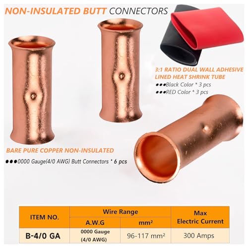 SVAAR 0000 Gauge Flared Barrel Butt Splice Connectors Kit 6PCS 4/0 AWG Non-Insulated Butt Connectors Bare Pure Copper Flared Compression Butt Splices Crimp Butt Terminals+6 PCS Heat Shrinks - color: Bare Copper