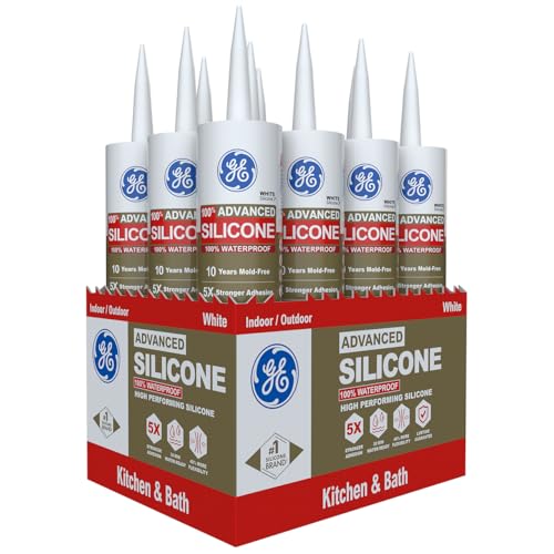 GE Advanced Silicone Caulk for Kitchen & Bathroom, White, 10 fl oz Cartridge, 12 Pack - 100% Waterproof Silicone Sealant, 5X Stronger Adhesion, Shrink & Crack Proof - size: Pack of 12, style: White