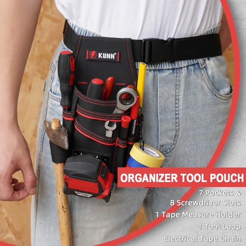 KUNN Electrician Tool Pouch with Belt Clip - 7-Pocket Lightweight Small Tool Belt Pouches for Carpenters, Technicians, HVAC - Heavy Duty Multi-Pocket Organizer for Construction, Maintenance, DIY Tools - color: Red