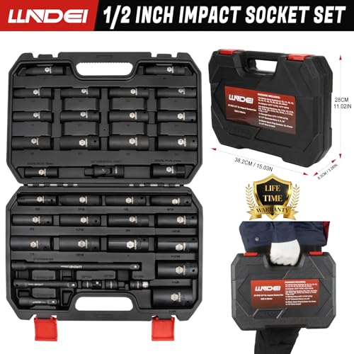 LLNDEI 1/2" Drive Deep Impact Socket Set 37Pcs SAE/Metric CR-MO - size: 37-Piece 1/2" Drive Socket Set SAE & Metric