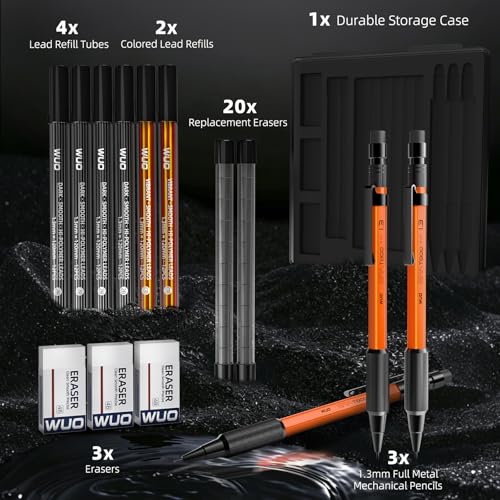 WUO 1.3mm Mechanical Pencil Set, 3 Pack Metal Mechanical Carpenter Pencils - color: Orange