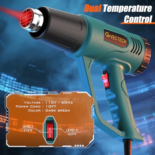 Heat Gun,10FT cable,Dual-Temperature Settings 572°F & 1112°F - color: Green