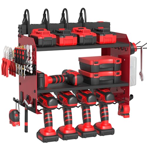 Power Tool Organizer Wall Mount with Charging Station, Garage Storage Rack for Cordless Drill, Tool Battery, Bit and Screwdriver, Utility Shelf with Power Strip and Hooks (3 Layer) - size: 3 layer