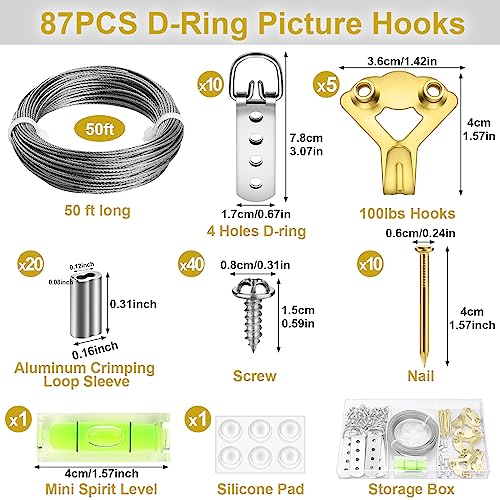 MAPVOLUT 88Pcs Heavy Duty Picture Hanging Wire Kit, Include 50Ft Stainless Steel Wire Picture Hanging for Photo Mirror Frame, up to 110lbs, D Ring, Picture Hangers, Screws, Hanging Hooks, Nails, Level - style: Picture Hanging Wire Kit
