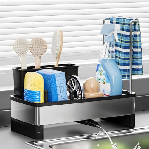 Ewaiira Stainless Steel Sink Caddy, Sponge Holder for Kitchen Sink 9.8″ - color: A-black