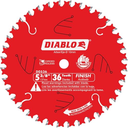 Diablo Finish Trim Saw Blade - 5-3/8" Diameter, 36 ATB Teeth, 10mm Arbor | Ideal for Portable and Low Powered Saws - .049" Kerf, 2Â° Hook Angle, 12000 Max RPM - D0536X