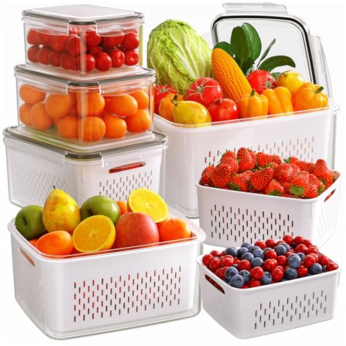 6 PCS Fruit Storage Containers for Fridge with Removable Colanders, 6 Plastic Food Storage Containers with 6 Lids, Leakproof Produce Containers Keep Fruits, Vegetables, Berry, Meat Fresh Longer - color: 6-Pack White