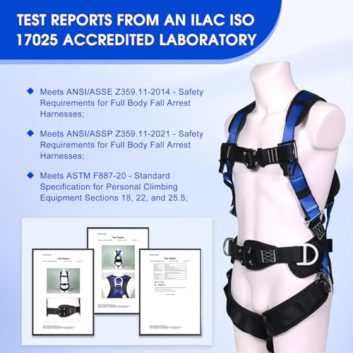 Fall Protection Premium Safety Harness with Shock Absorbing Lanyard, Vented & Padded Shoulder, Legs & Back - Upgrade 4 Quick Buckles (Blue) - color: Blue