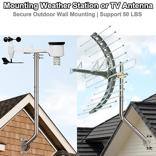 53" Heavy Duty Adjustable Antenna Wall Mount – 430 Stainless Steel J-Pole Solid Mast Bracket for Starlink (Adapter Required), TV Antennas, Weather Stations – 1.38" OD Pivot Base (Silver) - color: 53‘’ Long Wall Mount Silver