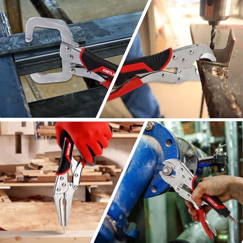 Vice Grips Pliers Set, 6-Piece Locking Pliers Set, 6-1/2”&9-1/2” Long Nose Locking Pliers, 5”, 7” and 10” Curved Jaw Vise Grip Pliers, 6” C-clamp with Rolling Pouch