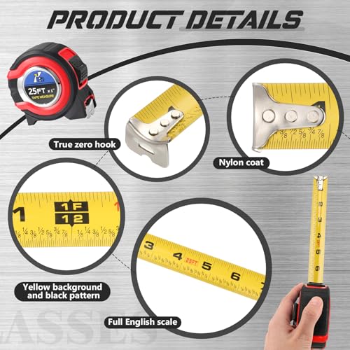 Youyole 10 Pack Tape Measure with Fractions 1/8 Steel Measuring Tape Retractable Easy Read Measurement Ruler Steel Power Blade (25 ft X 1 in,Red) - color: Red