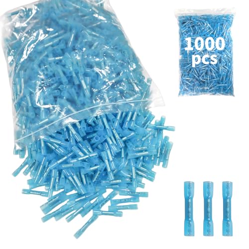 1000Pcs Heat Shrink Butt Connectors,16-14 AWG Blue Marine Grade Insulated Crimp Wire Connectors,Waterproof Electrical Connectors Butt Splice for Cable,Automotive,Boats,Home - size: [16-14 AWG] x 1000