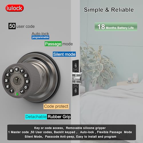 iulock Smart Door Knob with Keypad and Key,Keyless Entry Door Lock with Rubber Grip, Auto Lock,50 User Code,Waterproof, Easy to Install and Program for Bedroom Garage Office Gate (Satin Nickel) - color: Stain Nickel