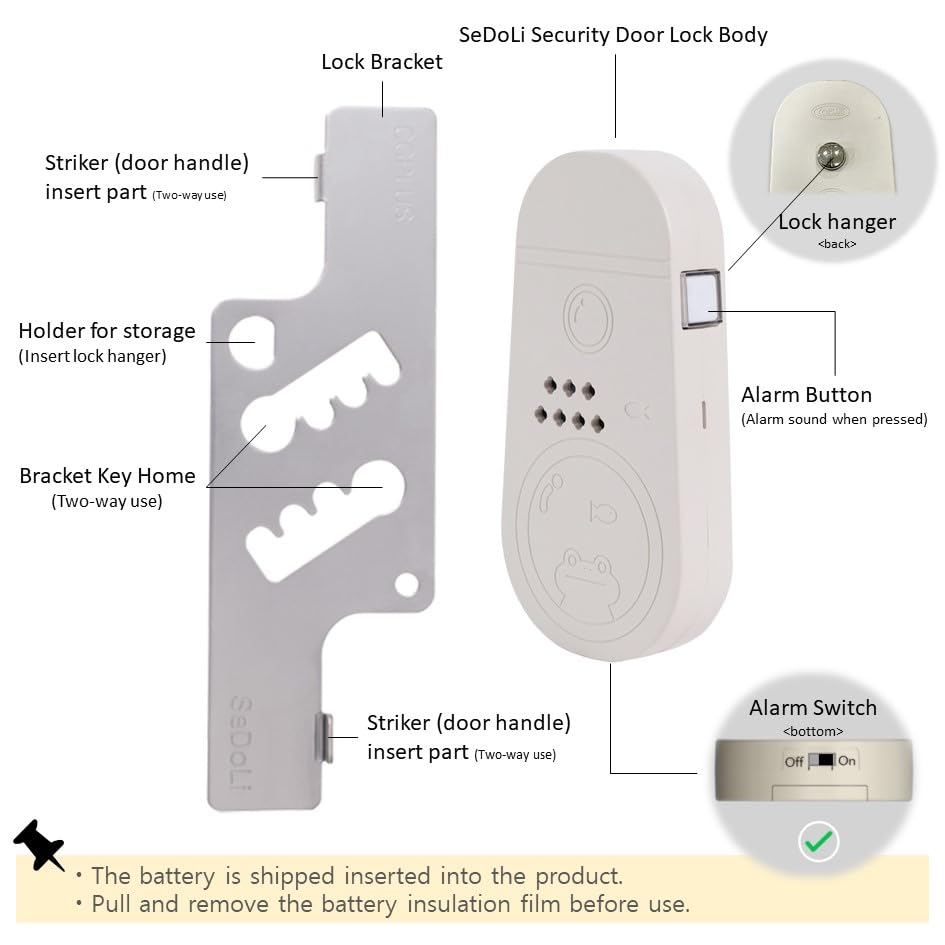 CGPLUS Security Door Stopper Alarm SEDOLI 100DB Siren for Safe Stay, Home, Travel - color: alarm ivory