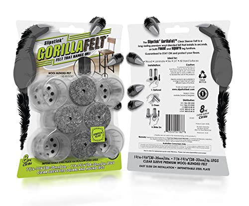 Slipstick GorillaFelt Chair Leg Floor Protectors for Hardwood Floors, Clear Sleeve Felt Pads for Furniture That Stay On, Fits Round & Square Legs, Includes 8 Premium Transparent Chair Socks, CB186 - size: 1-1/8 Inch - 1-3/8 Inch Sleeve 8 Pack