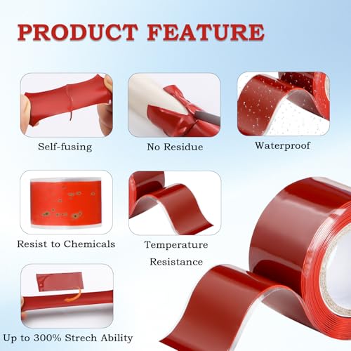 Self Fusing Silicone Tape 1 in x 5' Red Waterproof Rubber Leak Proof Sealing Silicone Rubber Self-amalgamating Tape for Emergency Hot and Cold Water Pipe Repairs and Tool Fixation - size: 1 Roll - 5 ft - Red - 20 mil Thickness