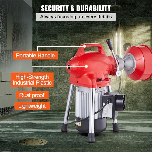 VEVOR Drain Cleaner Machine 66FT x 5/8 Inch, 250W Electric Sewer Snake Auger with 2 Sectional Steel Cables (66' x 5/8" and 15' x 3/8"), 7 Cutters and CW/CCW Control for 1.6" to 4" Pipes - style: 66Ft x 5/8Inch & 7 Cutters