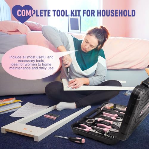 Sundpey 148 Pcs Portable Basic Hand Repair Home Tool Kit Set with Case Pink - color: Pink