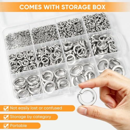 1000Pcs Spring Lock Washers Assortment Kit, Metric Split Lock Washer Set, 304 Stainless Steel Lock Washers for Screws Bolts,9 SAE Sizes M2 M2.5 M3 M4 M5 M6 M8 M10 M12