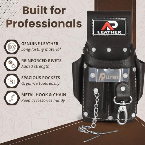 Ap-Leather Pro-5 Electrician Pouch, Leather Tool Pouch, 5 Pocket Pouch with Electrical Tape Holder, Durable Compartments, Tool Pouch with Belt Clip, Dark Brown - color: Chocolate