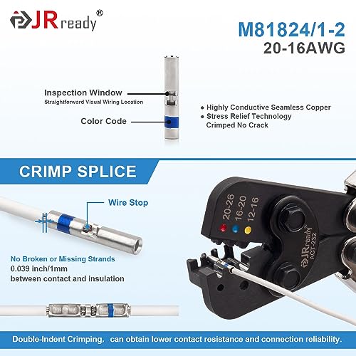 JRready ST6385-16-10 Blue Heat-Shrink Crimp Butt Splice 20-16 AWG (M81824/1-2 Equivalent), Solderless Connector with Alternative Temp. Heat Shrinkable PVDF(-55~150°C) and PE (-55~125°C) Tube - color: 16#Blue-10Sets